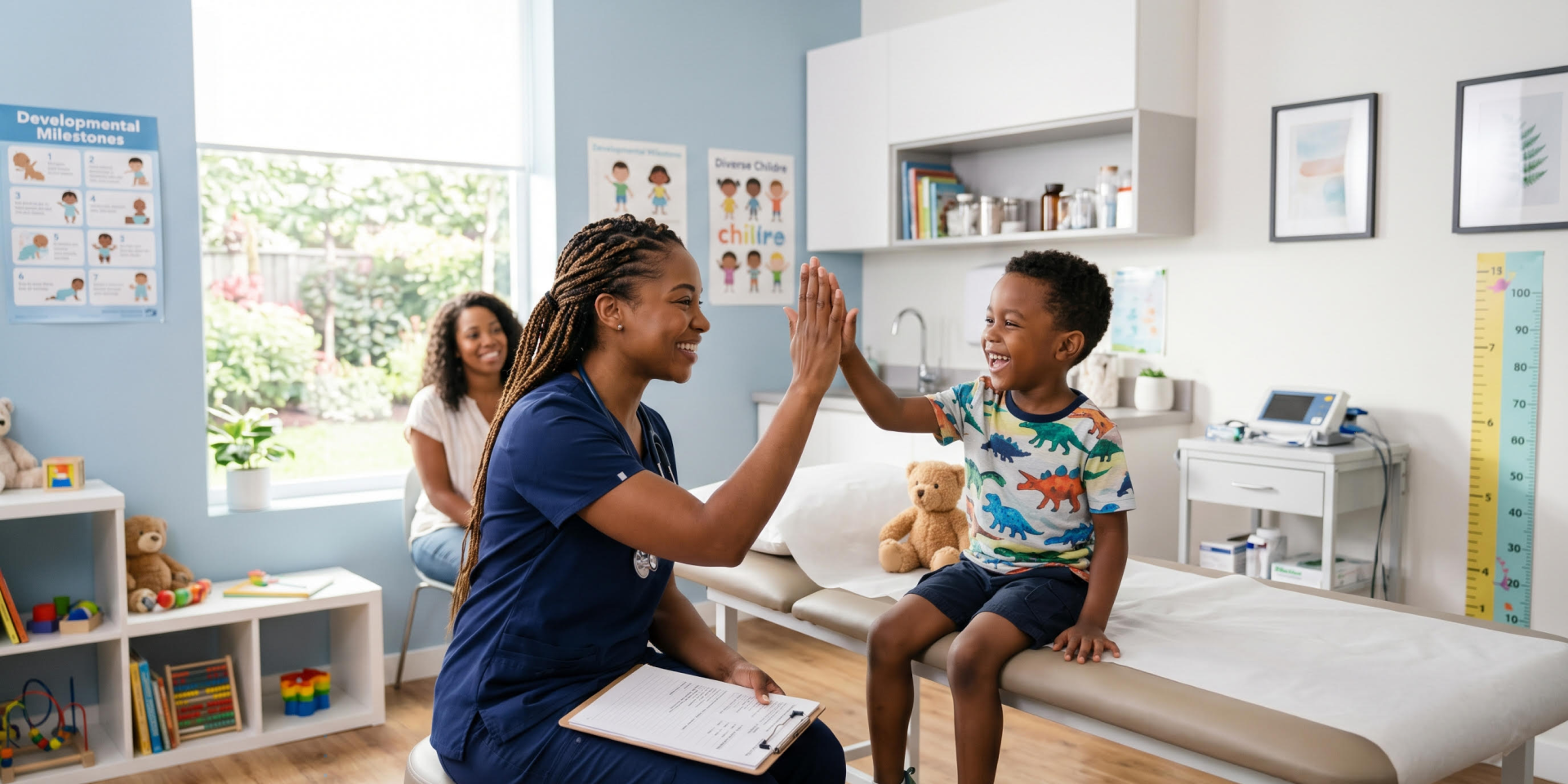 Pediatric nurse high-fiving a young patient
